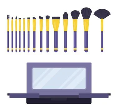Makeup brush set and shadow case with mirror vector icon flat isolated Stock Illustration