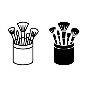 Makeup Brush Set in Holder Icon, Cosmetic Brushes Outline and Solid Silhouette Stock Illustration