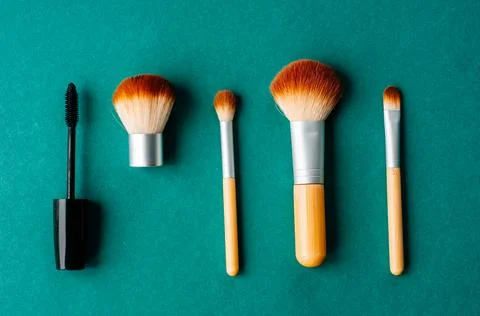 Makeup brush set, professional makeup tools, brushes for different functions Stock Photos