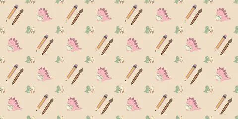 Makeup brushes and pink flowers seamless pattern on beige background Stock Illustration