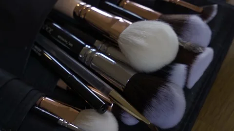 Makeup brushes. beautiful brushes are in a cosmetic bag Stock-Footage 220415763