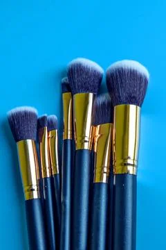 Makeup brushes on blue background. Professional makeup brushes on blue back.. Stock Photos