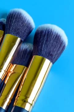 Makeup brushes on blue background. Professional makeup brushes on blue back.. Stock Photos