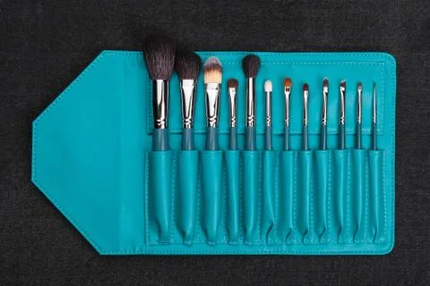 Makeup brushes in a blue case Stock Photos