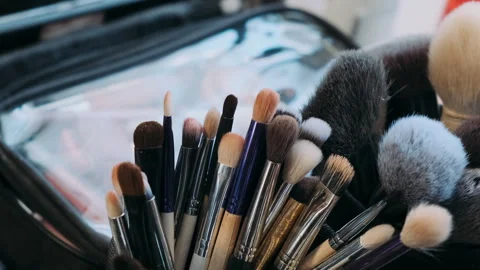 Makeup brushes close-up makeup artist tools Stock Footage 274443860