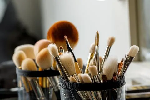 Makeup brushes in a leather pouch, various sizes and shapes, ready for use. A Stock Photos