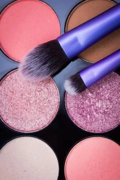 Makeup brushes with makeup palette in the background Stock Photos