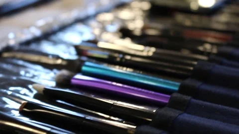 Makeup brushes in an organizer dolly shot Stock Footage 71250476