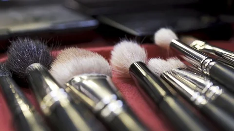 Makeup Brushes with Selective Focus in 4K Slow Motion Stock Footage 122576092