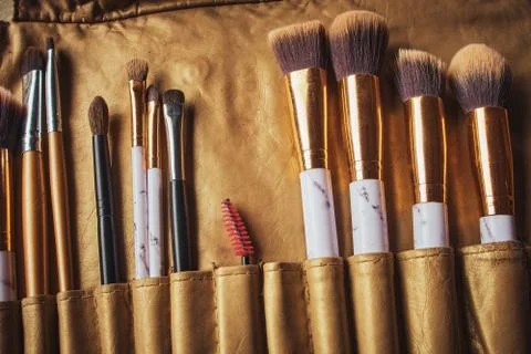 Makeup brushes set in case. Many different makeup brushes. Stock Photos