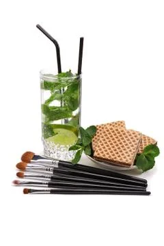 Makeup brushes set. Mojito. Waffles. Isolated. White background Stock Photos