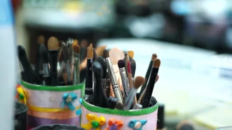 Makeup brushes set, professional make up artist brush kit Stock Footage 313318518