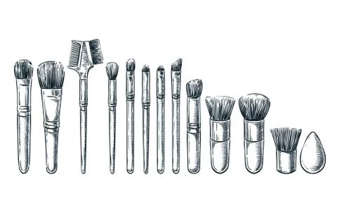 Makeup brushes vector sketch illustration. Female cosmetics design elements. 스톡 일러스트