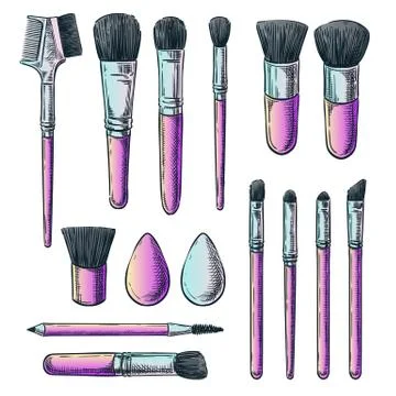 Makeup brushes vector sketch illustration. Female cosmetics design elements. Illustrazione stock