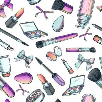Makeup cosmetics and brushes. Vector seamless fashion pattern. Female beauty 스톡 일러스트