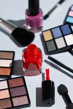 Makeup cosmetics on a blue background Stock Photos