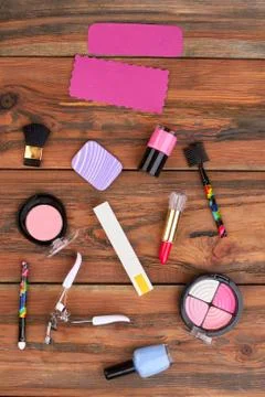 Makeup cosmetics collection, top view. Stock Photos