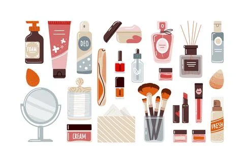 Makeup cosmetics in flat style top view on white background.Vector illustration Stock Illustration