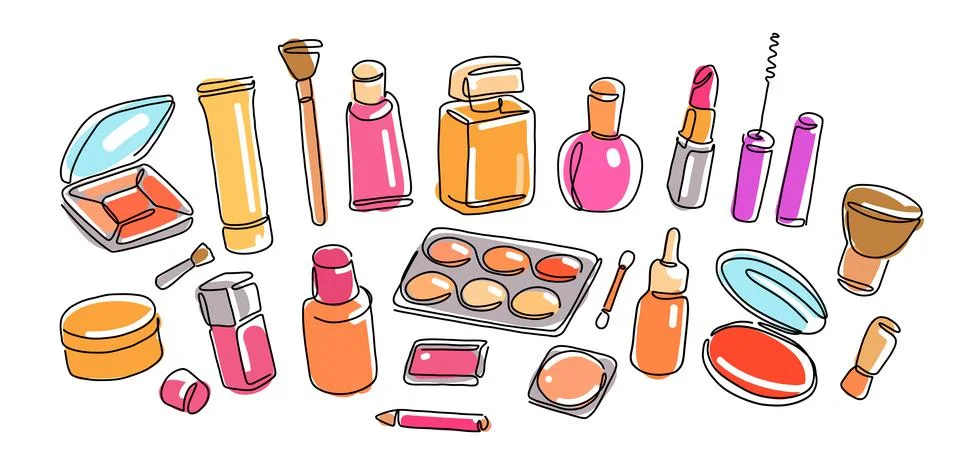 Makeup cosmetics set continuous line drawing. Beauty saloon one line Stock Illustration