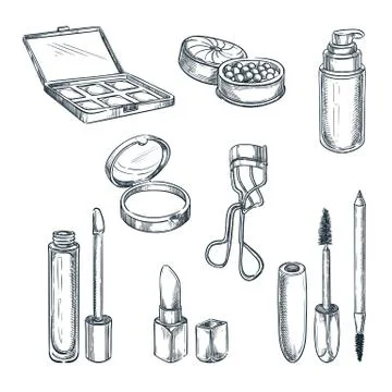 Makeup cosmetics vector sketch illustration. Female fashion design elements. Stock Illustration