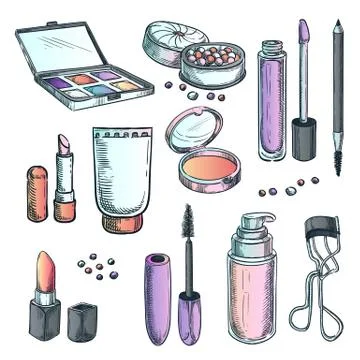 Makeup cosmetics vector sketch illustration. Female fashion design elements. Stock Illustration