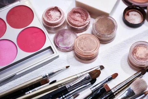 Makeup cosmetics on white background. Shallow focus Stock Photos