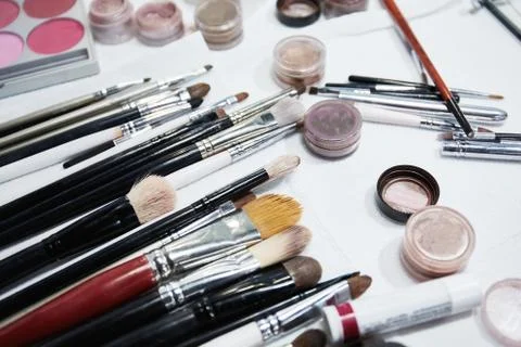 Makeup cosmetics on white background. Shallow focus Stock Photos