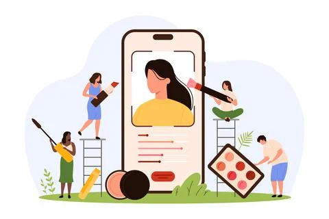Makeup creation in mobile app, tiny people create makeup for girl portrait using Illustrazione stock