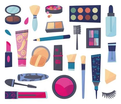 Makeup elements isolated doodle icons. Cosmetics products, female beauty Ilustração Stock