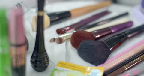 Makeup equipment.Close-up of professional brushes of different sizes. Stock Footage 280200821
