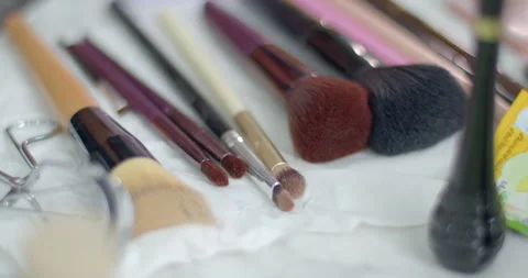 Makeup equipment.Close-up of professional brushes of different sizes. Stock Footage 284755309