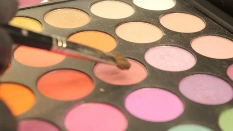 Makeup Eye Shadow Palette In Many Different Colors, Brush Brushing Stock Footage 93547824