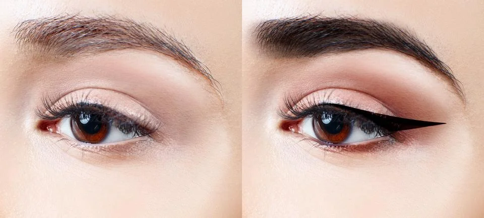 Makeup on eye step by step. Close-up shot. Stock Photos