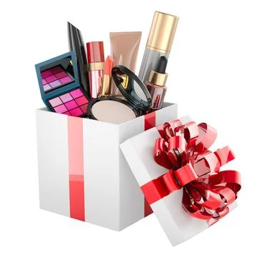 Makeup gift box with beauty cosmetics and red bow. 3D rendering Stock Illustration