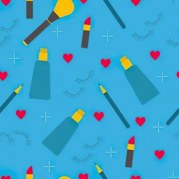 Makeup items and hearts pattern on blue background Stock Illustration