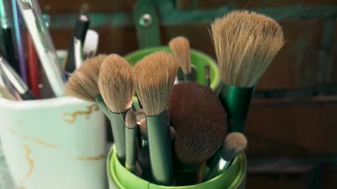 Makeup kit brushes in salon beauty Stock Footage 268438074