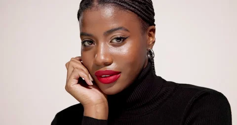 Makeup, lipstick and face of black woman on white background for beauty Stock Footage 312753126