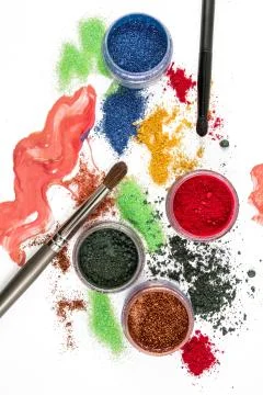 Makeup. Make-up Set. Brush.Glitter. lipgloss, rouge, eyeshadows,white background Stock Photos
