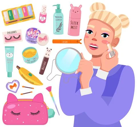 Makeup master class banner with beautiful young woman, make-up accessories, skin Illustrazione stock