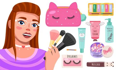 Makeup master class banner with beautiful young woman, make-up brushes and Illustrazione stock