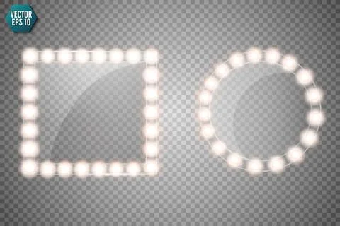 Makeup mirror isolated with gold lights. Vector square and round frames Stock Illustration