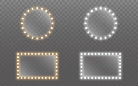Makeup mirror set. Round and rectangle mirrors with lights. Illuminated glass Illustrazione stock