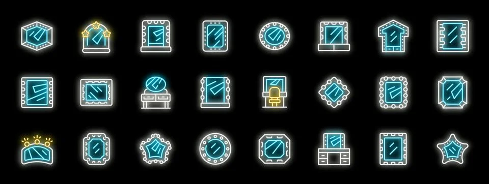 Makeup mirrors with neon light effect showing variety of shapes and sizes Stock Illustration