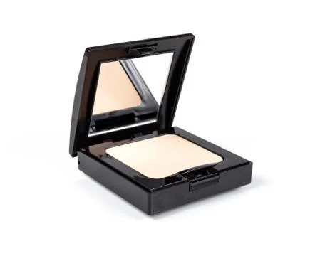 Makeup Powder in Black Plastic Case Isolated on White Background Stock Photos