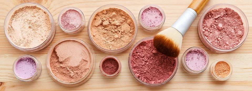 Makeup powder with brushes flat lay Stock Photos