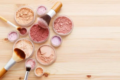 Makeup powder with brushes flat lay Stock Photos
