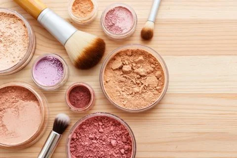 Makeup powder with brushes flat lay 스톡 사진