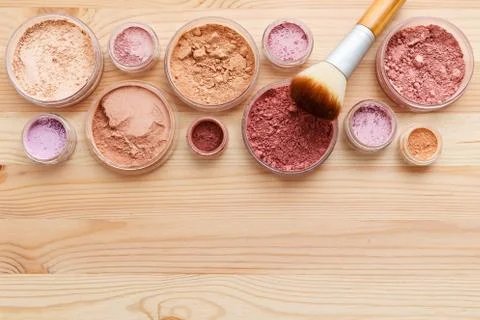 Makeup powder with brushes flat lay Stock Photos