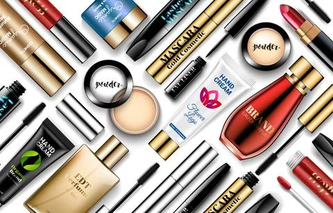 Makeup products realistic 3d vector illustration. Face cosmetic collection is Stock Illustration