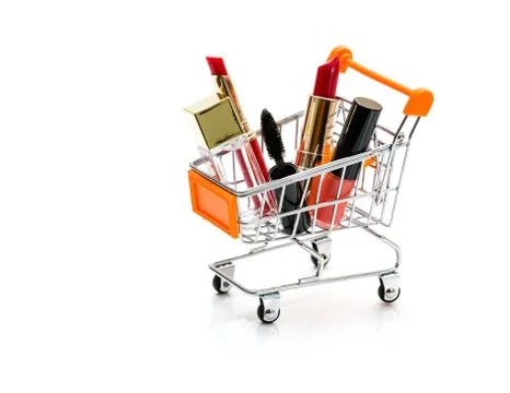 Makeup in pushcart isolated on white background Stock Photos